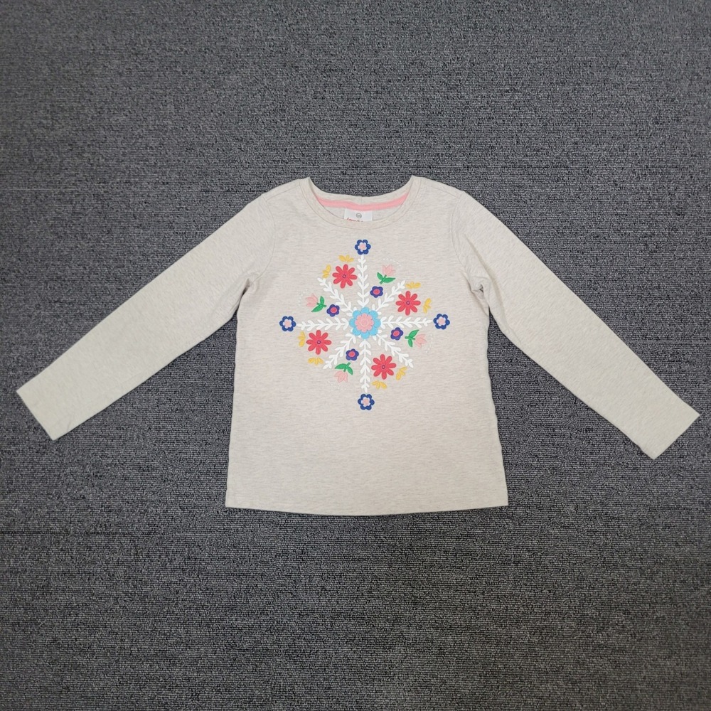 Hanna Andersson Size 120 6-7 Long Sleeve T-Shirt Girls Oatmeal‎ Floral Snowflake